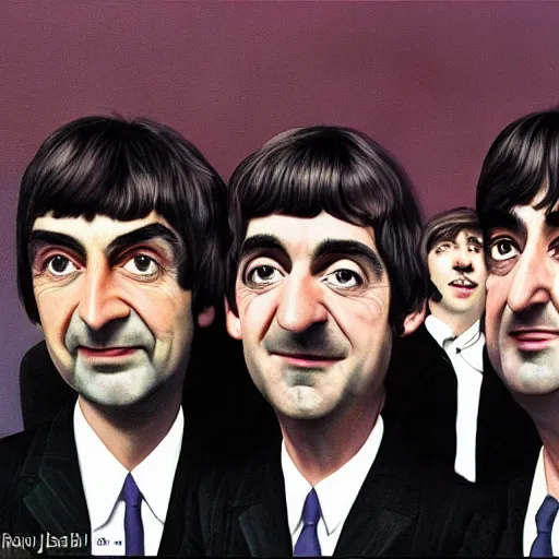 Image similar to the beatles except they're all mr. bean hyperrealism photo - realistic by james gurney artstation 8 k