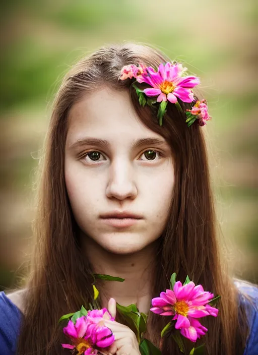 Prompt: portrait of a 1 7 year old woman, symmetrical face, flowers in her hair, she has the beautiful calm face of her mother, slightly smiling, ambient light