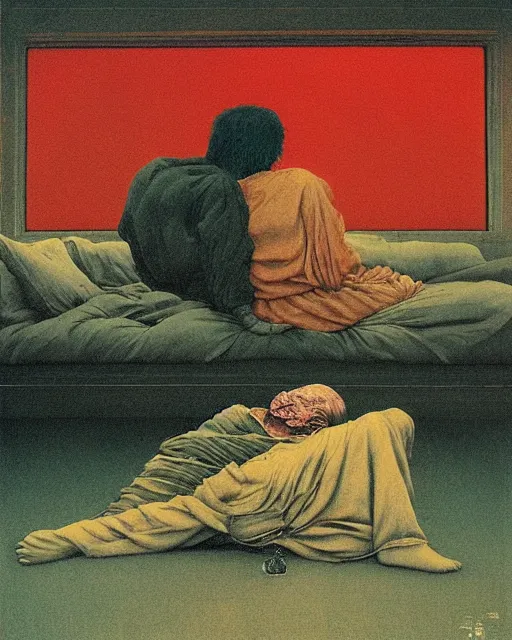 Image similar to early color photo of an old dead couple sitting on a couch in an old soviet apartment and looking at the scared enlightened boy flying up in sky, Beksinski impasto painting, part by Adrian Ghenie and Gerhard Richter. art by Takato Yamamoto, masterpiece