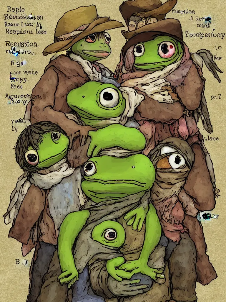 Prompt: resolution rustic weathered happiness of pepe love and life made in abyss peace and love harmony biblically acurate angels angels read dead redemption 2 ivory dream like storybooks pepe the frog happy among family in a field sitting the value of love a clear prismatic sky, edge of nothingness love, warm ,Luminism, prismatic , fractals , pepe the frog , art in the style of Akihito Tsukushi and and Arnold Lobel , claymation