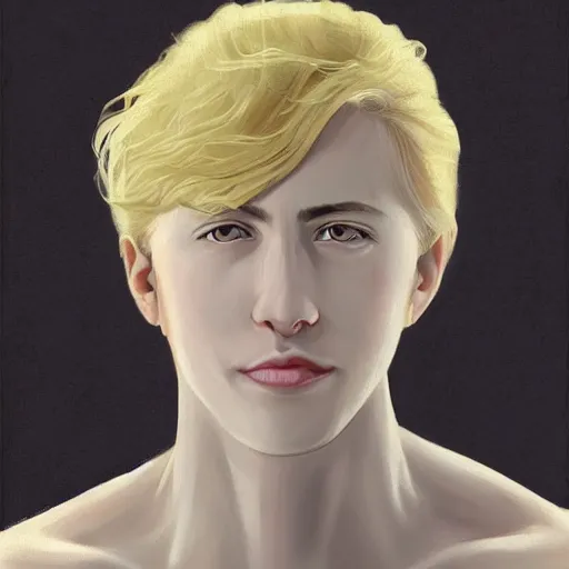 Prompt: A pregnant blond androgynous prince with closed eyes smiling, very detailed sharp angular pale white masculine face, (12x) extremely pale white skin, hooked nose and square jaw long fluffy curly blond hair, light blond hair, gorgeous, beautiful, intricate, highly detailed, digital painting, artstation, concept art, sharp focus, illustration, art by greg rutkowski and alphonse mucha