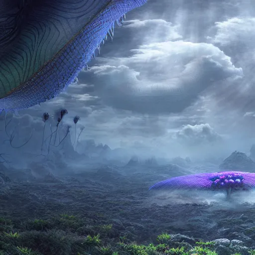 Image similar to bio-inspired design, alien nature, panoramic,octane render,luis royo style,psychedelic clouds