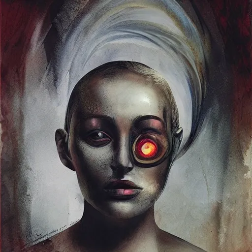 Prompt: a portrait of a beautiful young woman made of smoke and ember, visions of tomorrow, subtle smile in mysterious shadow, high contrast, by enki bilal