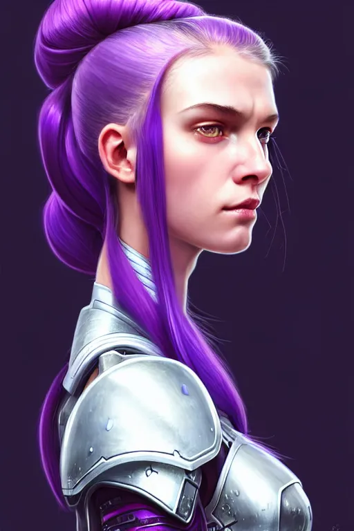 Image similar to alexey gurylev, close up portrait, young pale woman in sci - fi armor with purple ponytail hair, stoic, focused, powerful, d & d, fantasy, complex, elegant, highly detailed, digital painting, artstation, concept art, matte, clear focus, illustration, hearthstone, artgerm art, greg rutkovsky and alphonse mucha