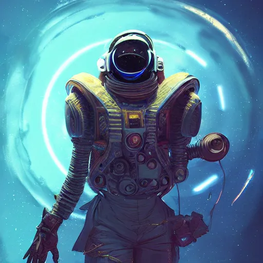 Image similar to technomancer astronaut with an epic cosmic background in the style of erak note, eddie mendoza, christophe young, craig mullins, evan lee, silvain sarrailh, dao trong le, kan liu, character design, trending on artstation, extremely detailed