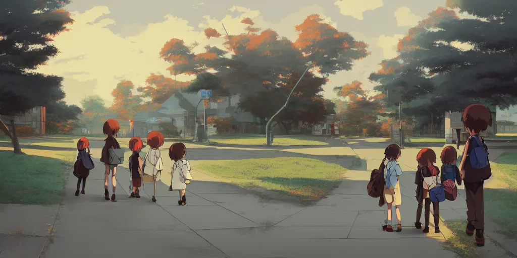 Image similar to waiting for the school bus outside the school evening, hayao miyazaki, artstation