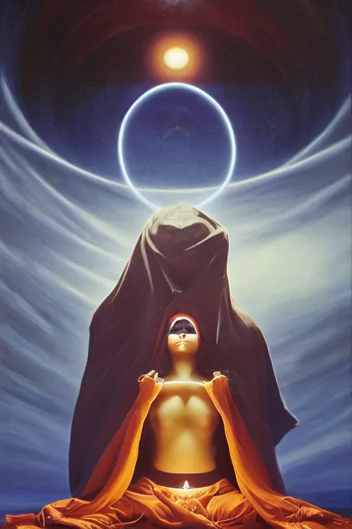 Image similar to gorgeous robed cult girl performing realism third eye ritual, dark theme night time, expanding energy into waves into the ethos, epic surrealism 8k oil painting, portrait, perspective, high definition, post modernist layering, by David A. Hardy, Gerald Brom