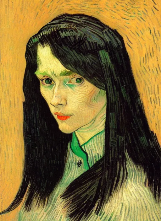 Image similar to portrait of a woman with long black hair, detailed beautiful face in painting, detailed beautiful portrait, expressionist oil painting masterpiece, 8 k resolution, smooth, sharp focus, pastel color palette, trending on artstation, by van gogh