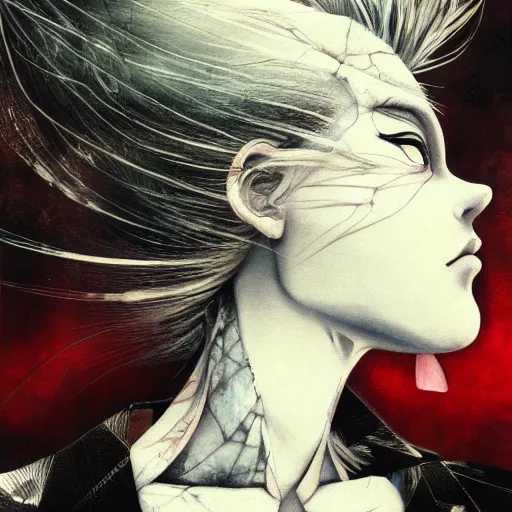 Image similar to Yoshitaka Amano realistic illustration of an anime girl with wavy white hair and cracks on her face wearing dress suit with tie fluttering in the wind, abstract black and white patterns on the background, noisy film grain effect, highly detailed, Renaissance oil painting, weird portrait angle