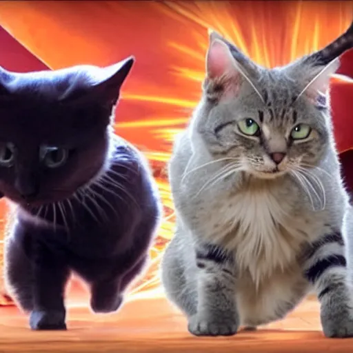 Prompt: screengrab from the video of two cats performing the Dragonball Fusion Dance