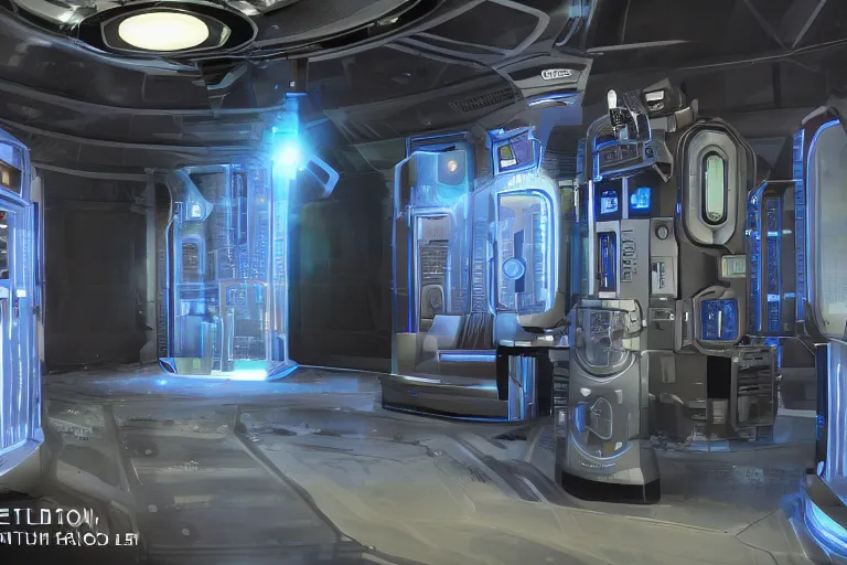 Image similar to futuristic tardis interior stylized like portal 2