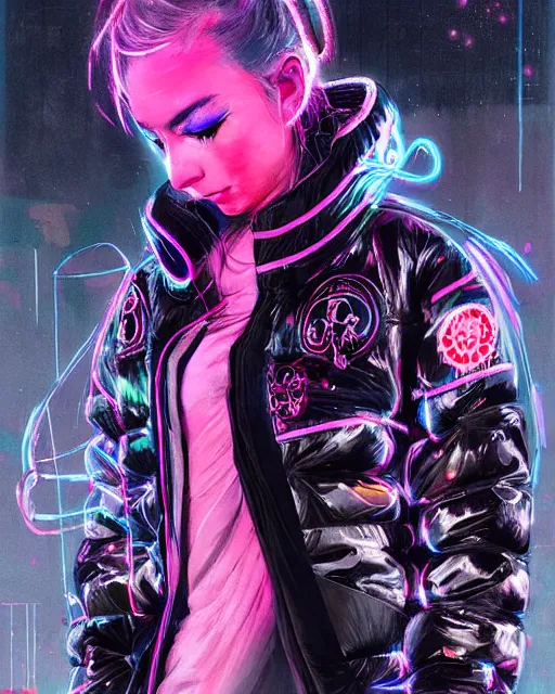 Image similar to detailed portrait Neon Operator Girl, cyberpunk futuristic neon, reflective puffer jacket, black leggings, decorated with traditional Japanese ornaments by Ismail inceoglu dragan bibin hans thoma !dream detailed portrait Neon Operator Girl, cyberpunk futuristic neon, reflective puffy coat, decorated with traditional Japanese ornaments by Ismail inceoglu dragan bibin hans thoma greg rutkowski Alexandros Pyromallis Nekro Rene Maritte Illustrated, Perfect face, fine details, realistic shaded, fine-face, pretty face