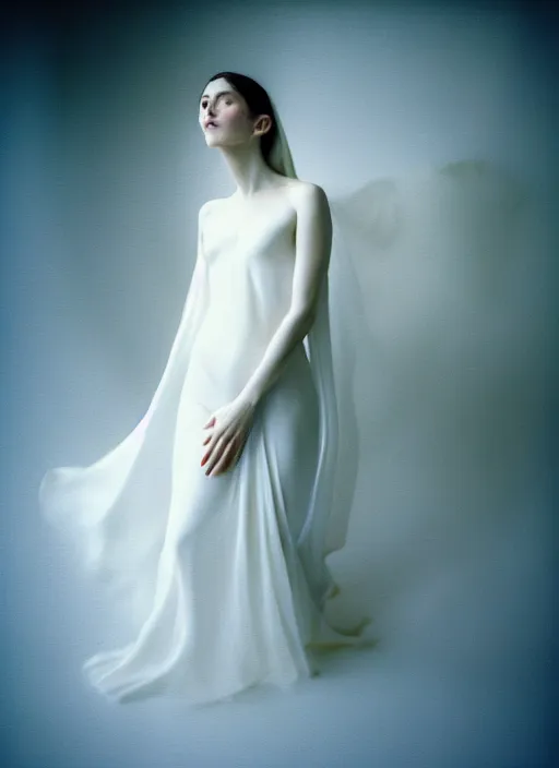 Prompt: kodak portra 4 0 0 motion blur photo portrait of a beautiful woman in style of antoine d'agata, dressed a long white, elegant, highly detailed, sharp focus,, octane render, ethereal, out worldly colours, emotionally evoking, head in focus, soft blur light dreamy coloured gel, volumetric lighting unreal engine, epic fantasy