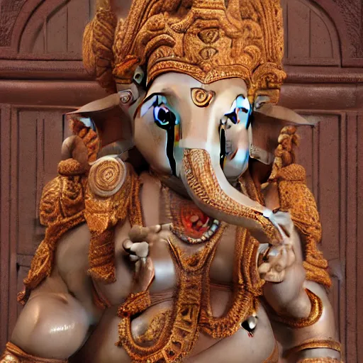 Prompt: A large. ancient wood sculpture of Ganesh, shot on canon camera, shot on 16mm film, hyper-realistic, photo