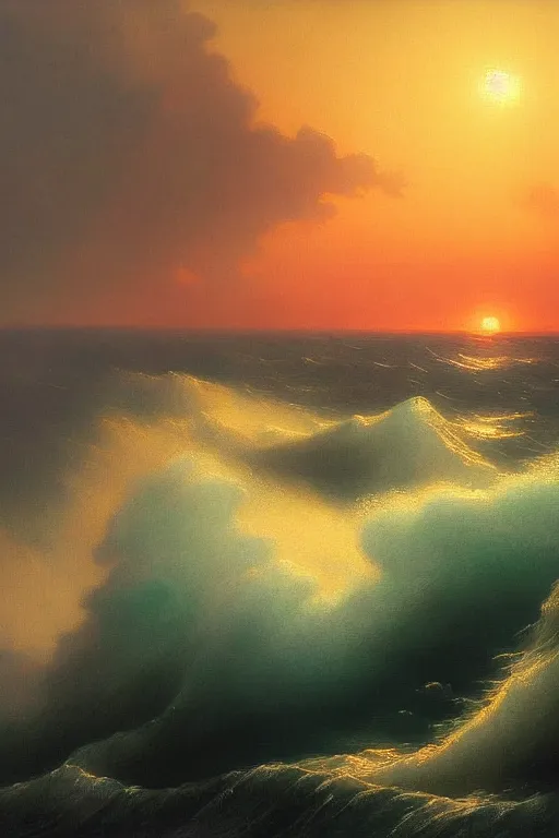 Prompt: strong waves in the sea in a sunset, in style of Aivazovsky, hypermaximalistic, high details, cinematic, 8k resolution, beautiful detailed, insanely intricate details,