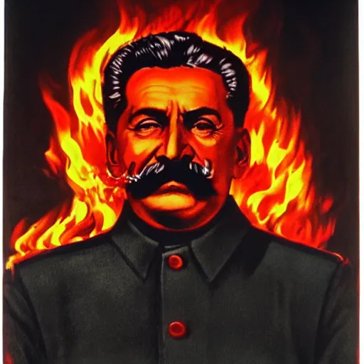 Prompt: stalin is on fire, scary art in hellish style, art in 4 k