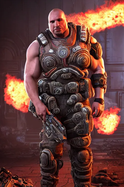 Image similar to Dr. Jordan B. Petterson as a muscular Gears of War character, photorealism, half body, HDR ambient background, unreal engine 5, hyperrealistic, highly detailed, XF IQ4, 150MP, 50mm, F1.4, ISO 200, 1/160s, cinematic lights, Adobe Lightroom, photolab, Affinity Photo, PhotoDirector 365, realistic