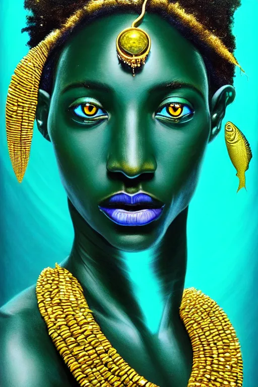 Prompt: hyperrealistic precisionist cinematic very expressive! bioluminescent african goddess, full body, underwater scene with fish and algae, gold jewerly, highly detailed face, digital art masterpiece, eric zener cam de leon, dramatic pearlescent turquoise light on one side, long shot, low angle uhd 8 k, sharp focus