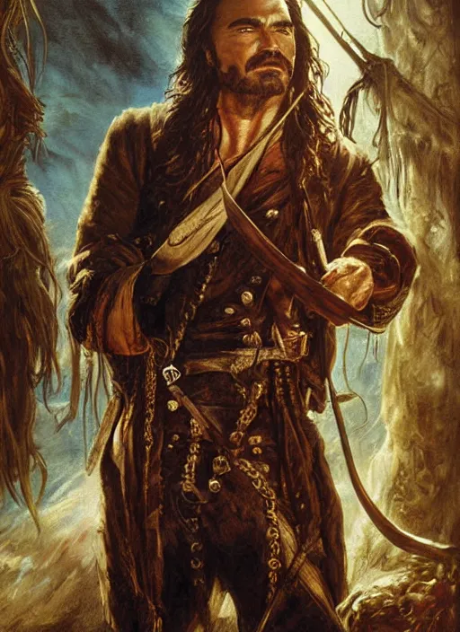 Prompt: a beautiful painting portrait movie poster of burt reynolds in Pirates of the Carribean 6, matte painting, fantasy art, dark but detailed digital art, highly detailed, a masterpiece trending on artstation. Burt Reynolds as a young but messy pirate and layabout in this HD preview poster