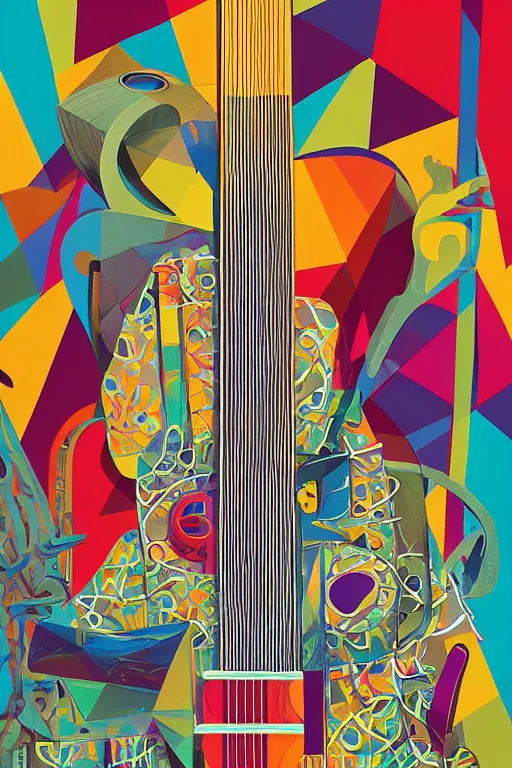 Image similar to Guitar, notes, architectures blend with organic shapes, Pop Surrealism, Essence of street forms, Geometric structures and multicolored prints, High Detail, Symmetry, Poster