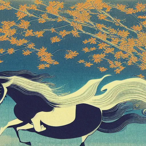 Image similar to A beautiful digital art of a horse. The horse is shown running through a field with a flowing mane and tail. The background is a peaceful blue sky. rendered in povray by Kawanabe Kyōsai unified, gloomy