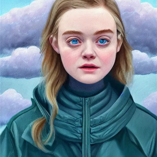 Image similar to professional painting of Elle Fanning in the style of Scott Listfield, head and shoulders portrait, symmetrical facial features, smooth, sharp focus, illustration, intricate, stormy weather, extremely detailed masterpiece,