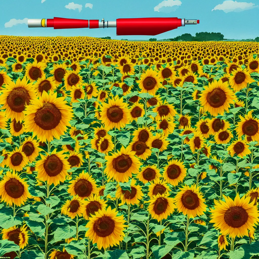 Image similar to A Communist Propaganda Poster of a sunflower field with a large missile in the center of the image.