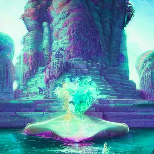 Image similar to vaporwave, highly detailed surreal vfx portal to another dimension, giant head ruins, vaporwave, stephen bliss, unreal engine, greg rutkowski, loish, rhads, beeple, makoto shinkai and lois van baarle, ilya kuvshinov, rossdraws, tom bagshaw, global illumination, detailed and intricate environment