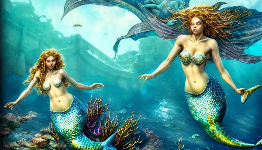 Prompt: a beautiful mermaid looking at the sunken city of Atlantis under water, rays of sunlight, stunning grand architecture, fish and sea creatures in background, art by Tim Okamura, 8k octane beautifully detailed render, post-processing, extremely hyperdetailed, intricate, epic composition, grim yet sparkling atmosphere, cinematic lighting + masterpiece, trending on artstation, very detailed, vibrant colors, Art Nouveau, volumetric god rays, deep underwater scene, sharp focus, smooth, dizzy, moody