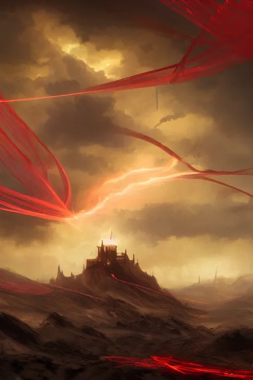 Prompt: breathtaking digital painting of a storm with dozens flying swords of light, in golden clouds in a desert castle, strokes of mist and scarlet ribbons, german romanticism style, volumetric lighting, concept art, matte, sharp focus, art by celestialfang, matchach, juanmao, dustin panzino, trending on artstation