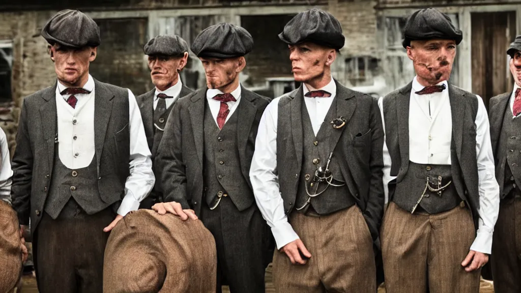 Image similar to a group shrimp mans dressed like the peaky blinders