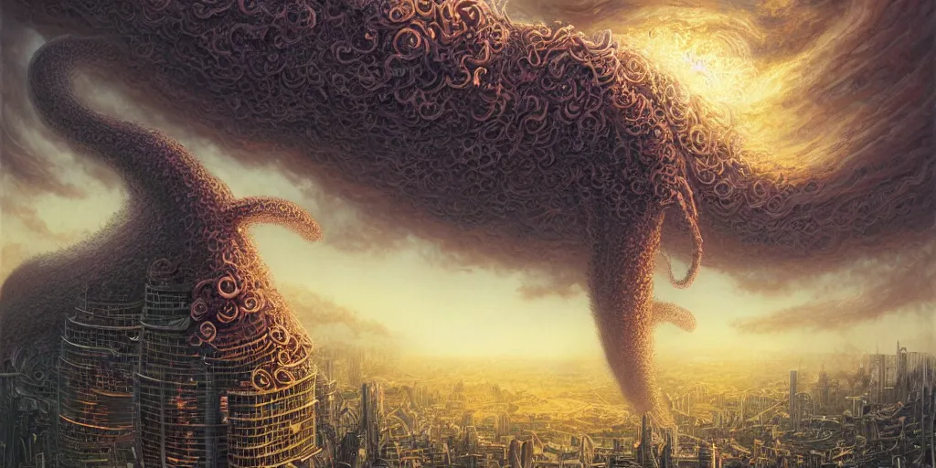 Prompt: large tentacle monster emerging from clouds above a city, by dan mumford, moebius, yukito kishiro, barclay shaw, karol bak, jean baptiste monge, high quality, high resolution