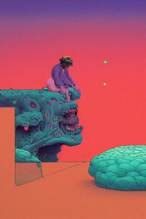 Image similar to man licks a tab of LSD acid on his tongue and experiences psychedelic hallucinations, by kawase hasui, moebius, Edward Hopper and James Gilleard, Zdzislaw Beksinski, Steven Outram colorful flat surreal design, hd, 8k, artstation