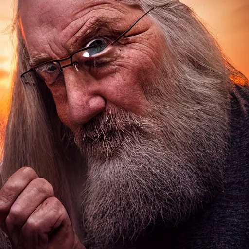 Image similar to scowling angry old wizard with a long white beard casting a spell, Tones of Black in Background, Golden Hour, Field of View, 2 Megapixels, 4-Dimensional, Masterpiece