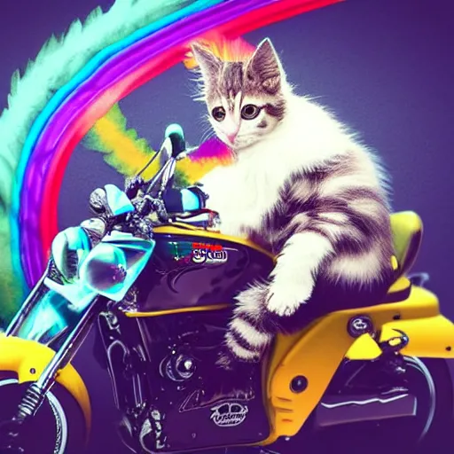 Image similar to wide angle full body, jacket wearing fluffy cute rainbow kitten wearing a black leather motorcycle jacket, riding on a motorcycle, cinematic concept art