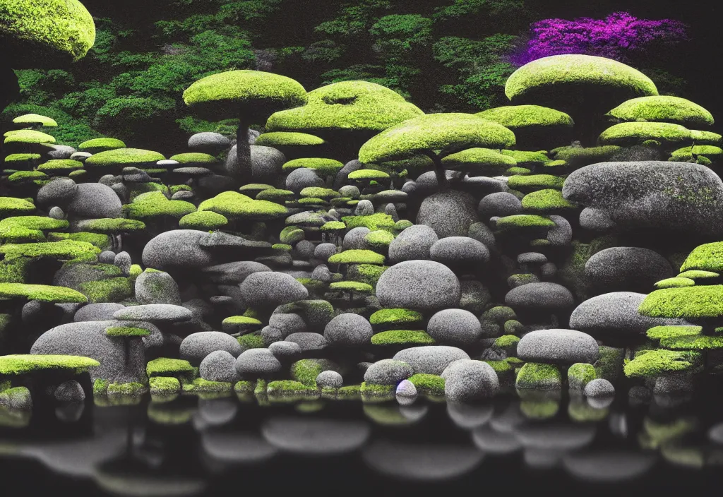 Image similar to serene beautiful temple rock garden kyoto, japan, a collage painting, in the style of wes anderson, lola dupre, david hockney, isolated on negative white space background dark monochrome fluorescent neon spraypaint accents volumetric octane render