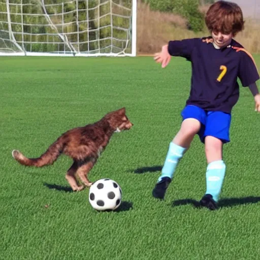 Prompt: a kit playing soccer