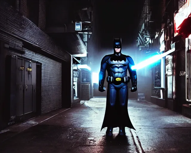 Image similar to a high definition photograph of Batman holding a lightsaber in a dark New York City alleyway at nighttime, high contrast shadows