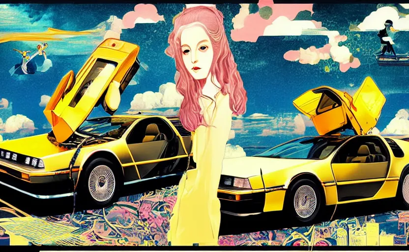 Prompt: a yellow delorean in the clouds, golden hour, colourful art by salvador dali, hsiao - ron cheng & utagawa kunisada, magazine collage, anime style,