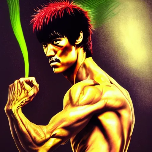 Image similar to a demon slayer portrait of bruce lee, tall, pale - skinned, and slender with lime green eyes and long eyelashes by stanley artgerm, tom bagshaw, arthur adams, carne griffiths, trending on deviant art, street art, face enhance, chillwave, maximalist, full of color, glittering