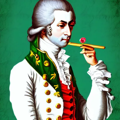 Image similar to Mozart with bloodshot eyes holding a weed joint in his hand, digital art