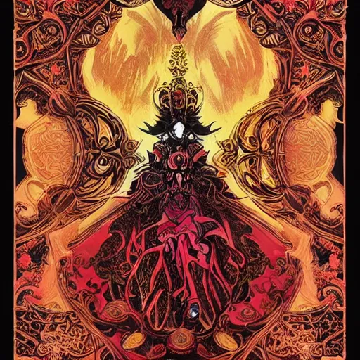 Prompt: jisoo + blackpink + elements + red + gold + neon + baroque + rococo + white + orange + ink + tarot card, ornate + by marc simonetti, paul pope, peter mohrbacher, detailed, intricate ink illustration + damask + award winning + 8 k