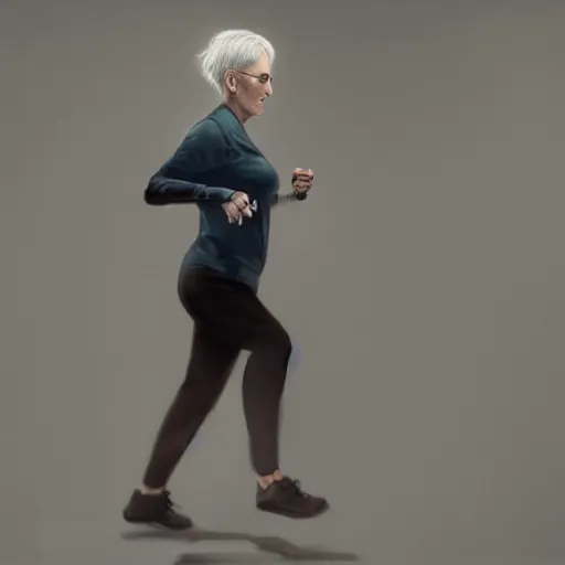 Image similar to woman in her 6 0 s with close cropped hair. lori petty. running on a treadmill. side on. realistic concept art painting. cinematic lighting. dark and moody. scifi