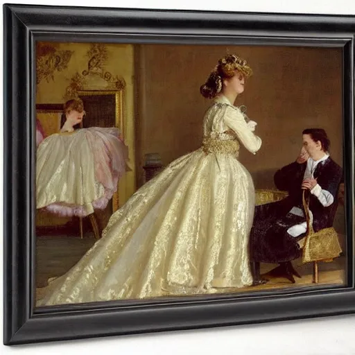 Image similar to young victorian lady in ball gown getting dressed, painted by alfred stevens