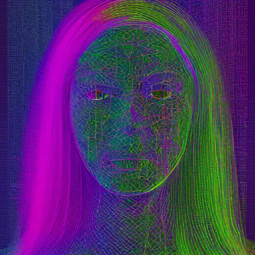 Prompt: portrait of a woman inspired by data - driven art, generative, iridescent, self - confidence, holographic