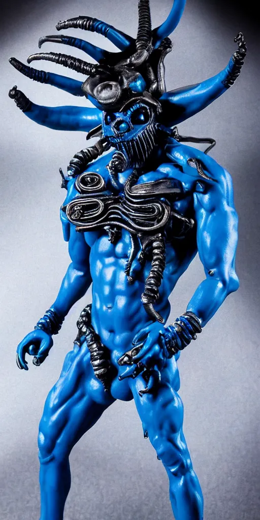 Image similar to blue demon with xenomorph intricated jewelry figure plastic in a runway fashion show, realistic photography paparazzi