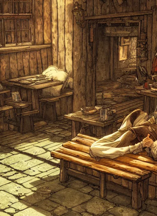 Image similar to coyote sleeping on a bench in a cozy tavern, hidari, color page, tankoban, 4K, tone mapping, Akihiko Yoshida.