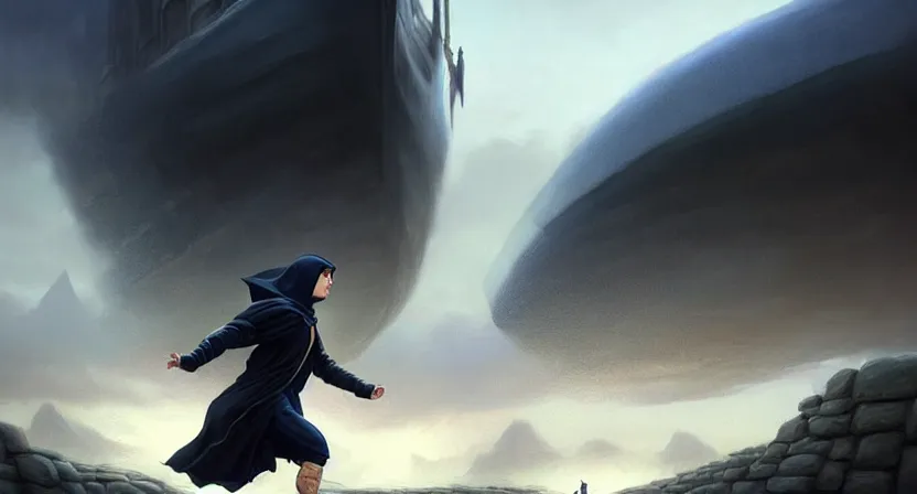 Prompt: handsome mage running away from giant airship, black hair wearing square hooded gothic navy cloak holding a stave, cave town, movie action still frame, ultra wide horizon, intricate, elegant, highly detailed, hyperrealism, digital painting, concept art, smooth, sharp, focus, illustration, art by artgerm, greg rutkowski, ilya kuvshinov