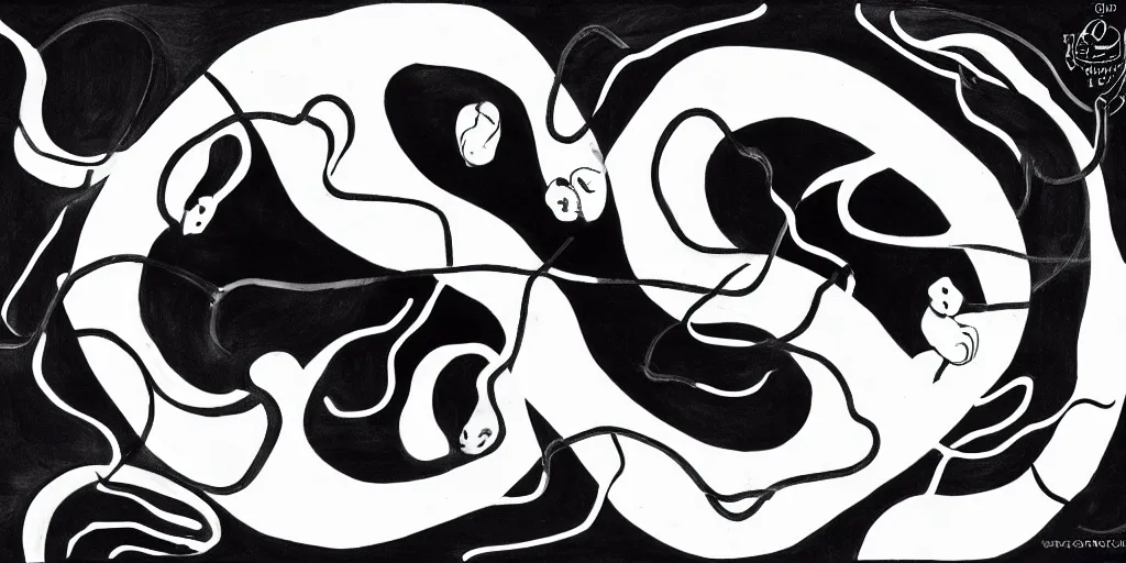 Image similar to realistic scene of snakes as ying yang, white and black, 1 4 5 0, ink, ultra realistic, 8 k