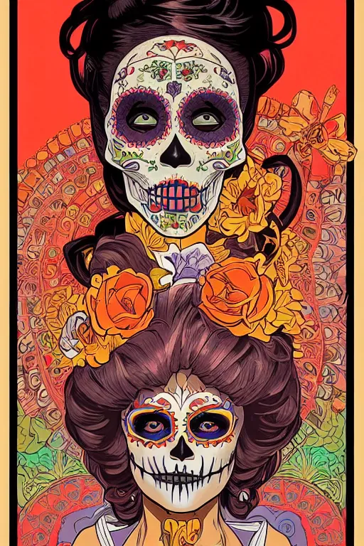 Prompt: dia de los muertos theme poster!!! art by artemio rodriguez!!, lisa brawn, ( ( ( alphonse mucha ) ) ), and gustave bauman, intricate, accurate facial details, profile picture, artgerm, retro, nostalgic, old fashioned, posterized color